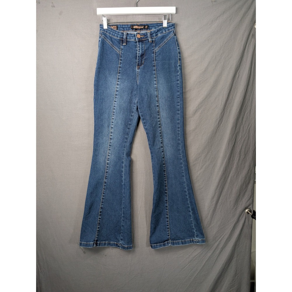 Dollhouse Curvy High Rise Flare Jeans Medium Wash Blue Denim Seamed Front Size 5